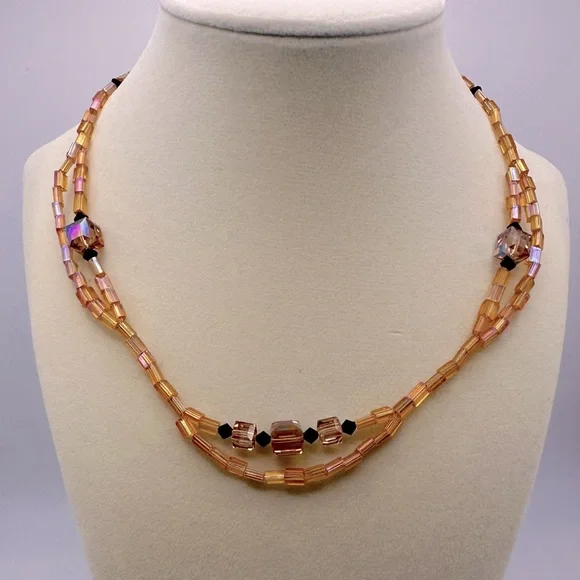 Vintage Czech Hand Beaded Two Strand Cube Necklace. - Picture 1 of 4